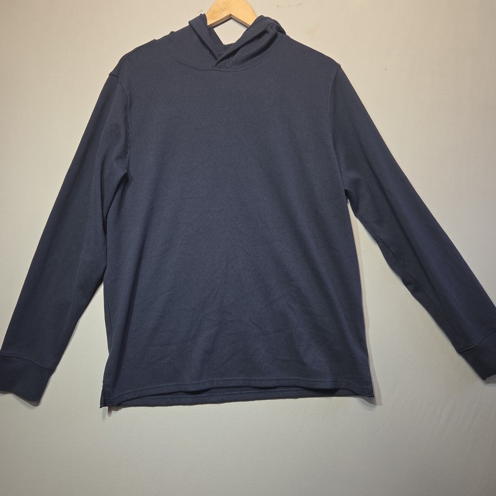 Women's Large Geoffrey Beene Rib Knit Hooded Top Blue Long Sleeve Stretch Pullov